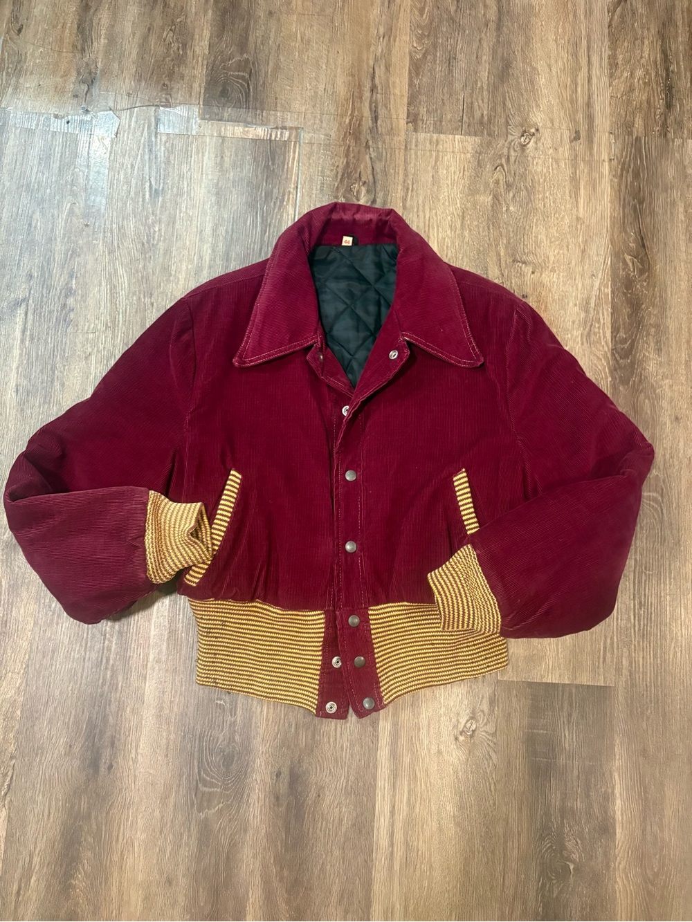 Vintage Unisex Varsity Burgundy Corduroy Bomber Jacket with Gold Trim